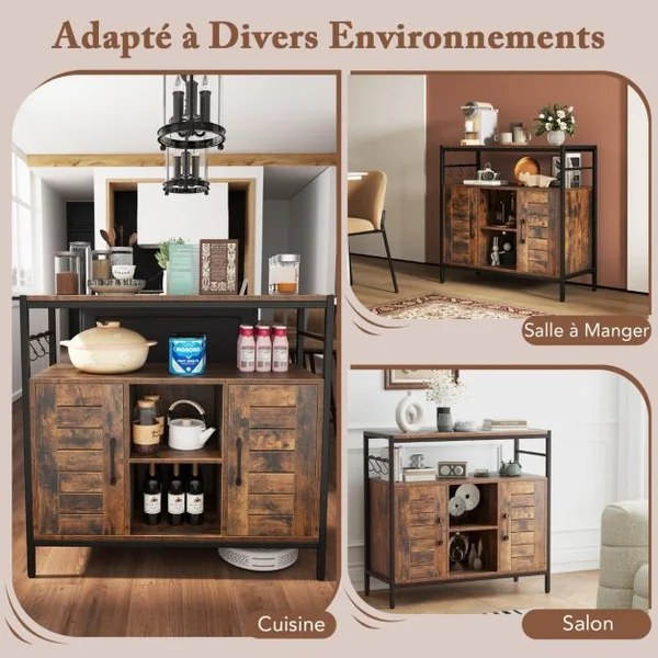 Buffet Cabinet de Bar à Café avec 2 Portes Compartiments Ouverts Étagères Ajustables 3 Crochets Meuble Industriel Marron Rustique