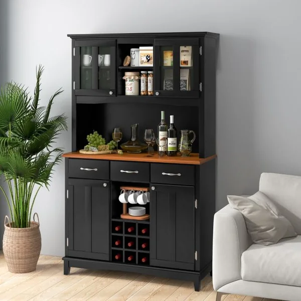 Buffet de Cuisine avec Vaisselier Armoire de Rangement de Cuisine avec Cabinet en Verre Trempé Porte-Bouteilles Étagères Réglables Blanc/Noir
