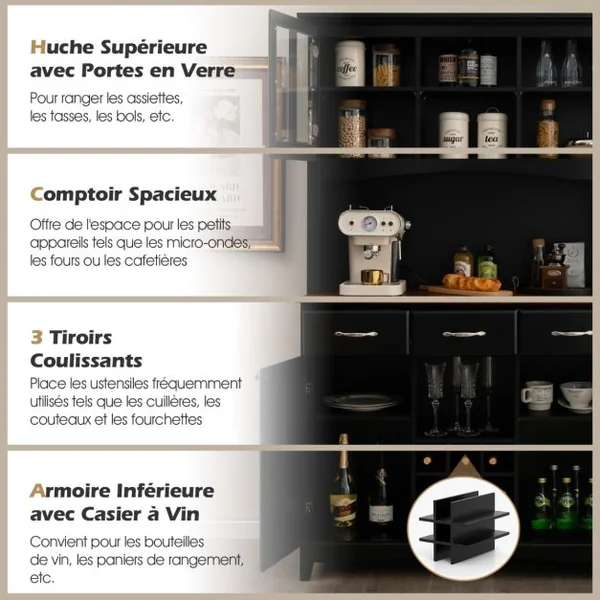Buffet de Cuisine avec Vaisselier Armoire de Rangement de Cuisine avec Cabinet en Verre Trempé Porte-Bouteilles Étagères Réglables Blanc/Noir