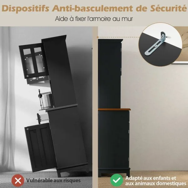 Buffet de Cuisine avec Vaisselier Armoire de Rangement de Cuisine avec Cabinet en Verre Trempé Porte-Bouteilles Étagères Réglables Blanc/Noir