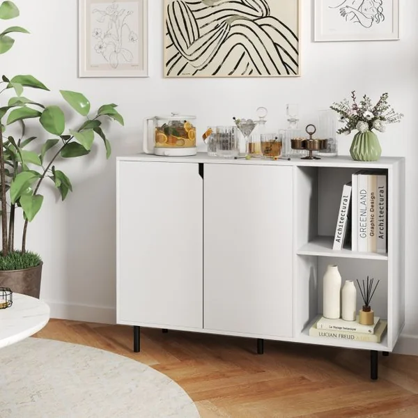 Buffet de Cuisine de 106 cm Meuble de Rangement Moderne avec 2 Portes et Etagères Réglables Kit Anti-basculement Meuble de Bar à Café Blanc