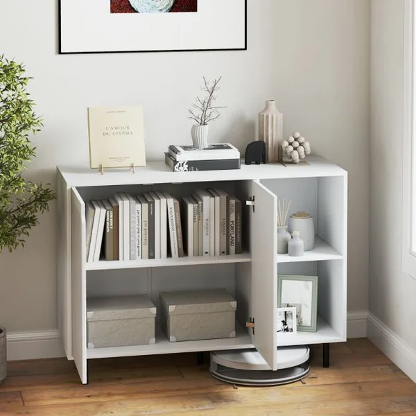 Buffet de Cuisine de 106 cm Meuble de Rangement Moderne avec 2 Portes et Etagères Réglables Kit Anti-basculement Meuble de Bar à Café Blanc