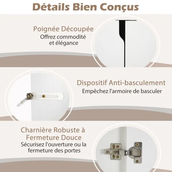 Buffet de Cuisine de 106 cm Meuble de Rangement Moderne avec 2 Portes et Etagères Réglables Kit Anti-basculement Meuble de Bar à Café Blanc
