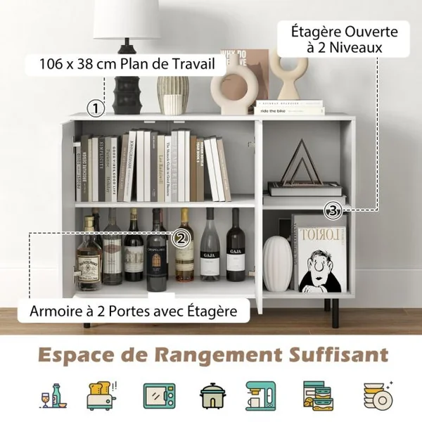 Buffet de Cuisine de 106 cm Meuble de Rangement Moderne avec 2 Portes et Etagères Réglables Kit Anti-basculement Meuble de Bar à Café Blanc