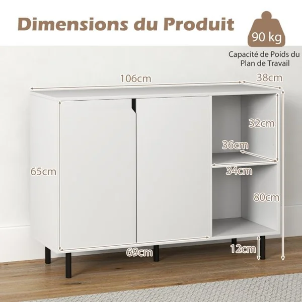 Buffet de Cuisine de 106 cm Meuble de Rangement Moderne avec 2 Portes et Etagères Réglables Kit Anti-basculement Meuble de Bar à Café Blanc