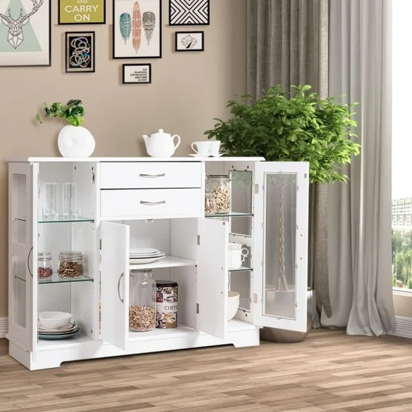 Buffet de Cuisine Meuble de Rangement 107 x 30 x 82 CM Armoire pour Cuisine et Salon Blanc/Gris