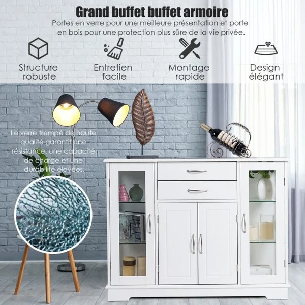 Buffet de Cuisine Meuble de Rangement 107 x 30 x 82 CM Armoire pour Cuisine et Salon Blanc/Gris