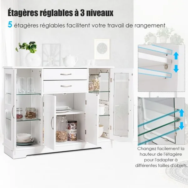 Buffet de Cuisine Meuble de Rangement 107 x 30 x 82 CM Armoire pour Cuisine et Salon Blanc/Gris