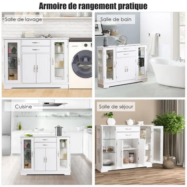 Buffet de Cuisine Meuble de Rangement 107 x 30 x 82 CM Armoire pour Cuisine et Salon Blanc/Gris