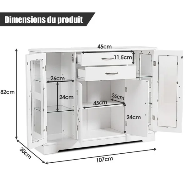 Buffet de Cuisine Meuble de Rangement 107 x 30 x 82 CM Armoire pour Cuisine et Salon Blanc/Gris