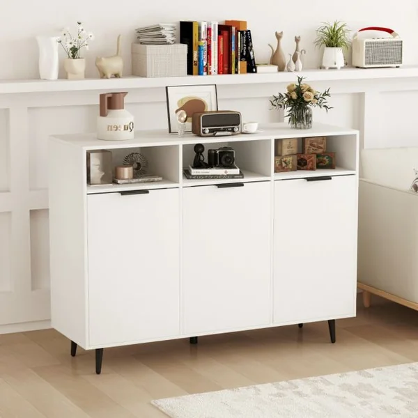 Buffet Meuble de Rangement avec Etagères Réglables à 5 Positions Meuble de Bar à Café avec 3 Compartiments Ouverts et Portes Blanc