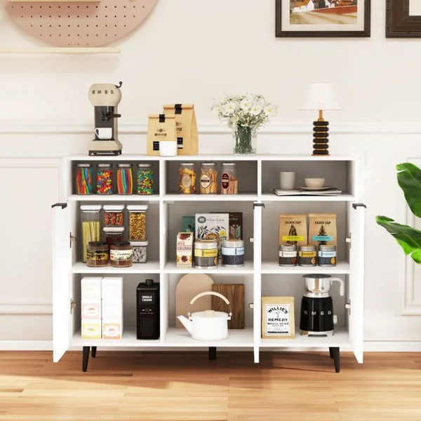 Buffet Meuble de Rangement avec Etagères Réglables à 5 Positions Meuble de Bar à Café avec 3 Compartiments Ouverts et Portes Blanc