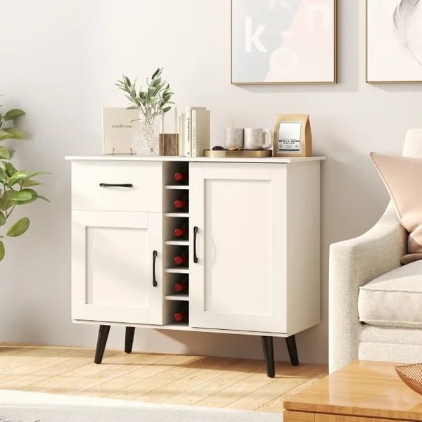 Buffet Moderne avec Casier à Vin pour 6 Bouteilles 1 Tiroir 2 Portes et 2 Etagères Réglables Meuble de Rangement d'Appoint Blanc