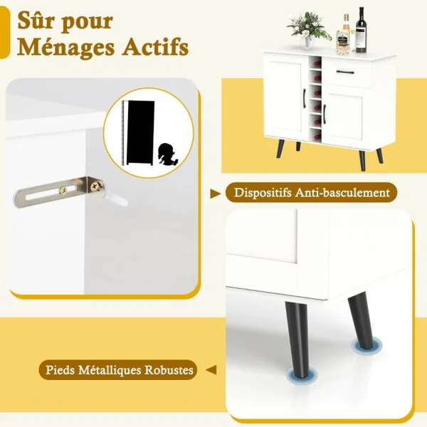 Buffet Moderne avec Casier à Vin pour 6 Bouteilles 1 Tiroir 2 Portes et 2 Etagères Réglables Meuble de Rangement d'Appoint Blanc