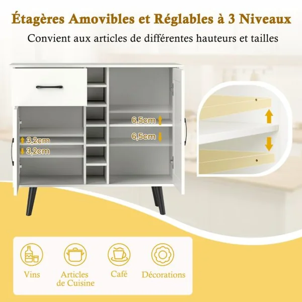 Buffet Moderne avec Casier à Vin pour 6 Bouteilles 1 Tiroir 2 Portes et 2 Etagères Réglables Meuble de Rangement d'Appoint Blanc