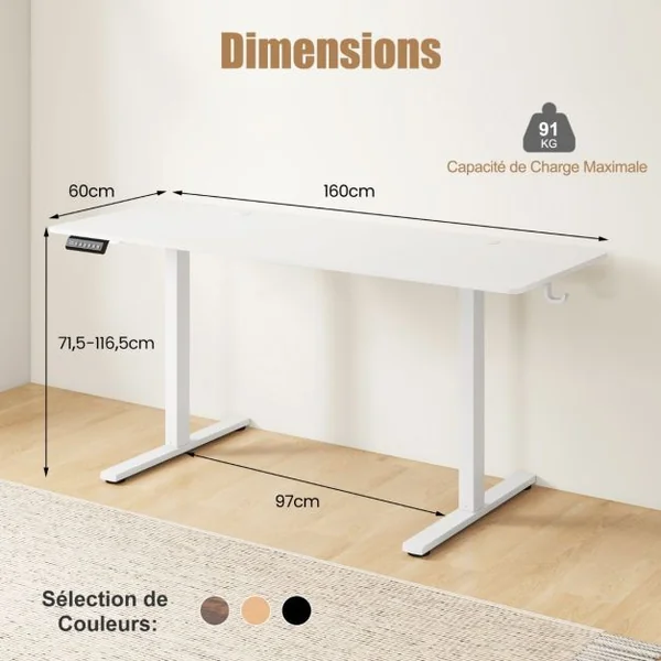 Bureau Assis Debout Electrique 160 x 60 cm 3 Hauteurs de Mémoire Bureau Réglable en Hauteur 2 Crochets Trous de Câbles Blanc