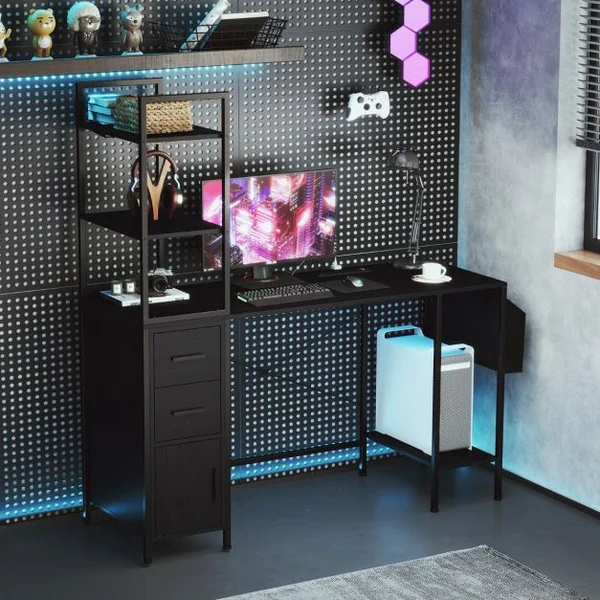Bureau avec Lumières LED et Prises de Courant Bureau Moderne Etagères Ouvertes 2 Tiroirs Armoire Support pour Processeur Poche Noir