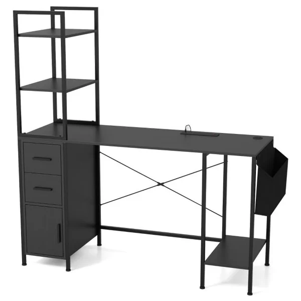 Bureau avec Lumières LED et Prises de Courant Bureau Moderne Etagères Ouvertes 2 Tiroirs Armoire Support pour Processeur Poche Noir