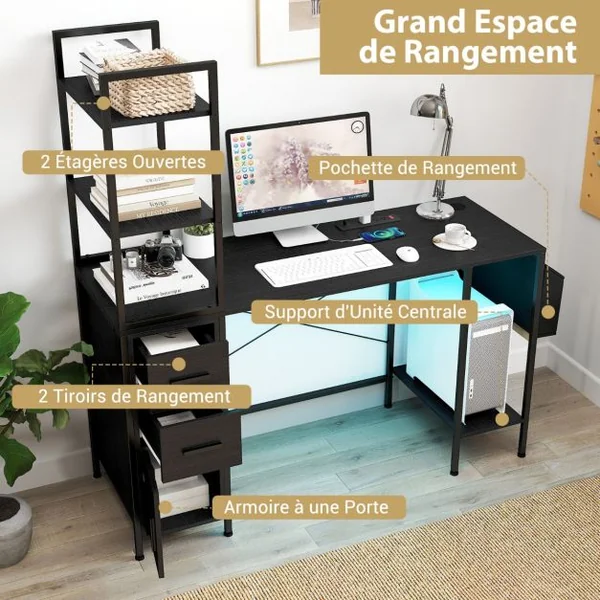 Bureau avec Lumières LED et Prises de Courant Bureau Moderne Etagères Ouvertes 2 Tiroirs Armoire Support pour Processeur Poche Noir