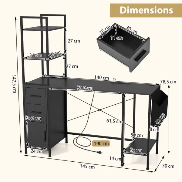 Bureau avec Lumières LED et Prises de Courant Bureau Moderne Etagères Ouvertes 2 Tiroirs Armoire Support pour Processeur Poche Noir