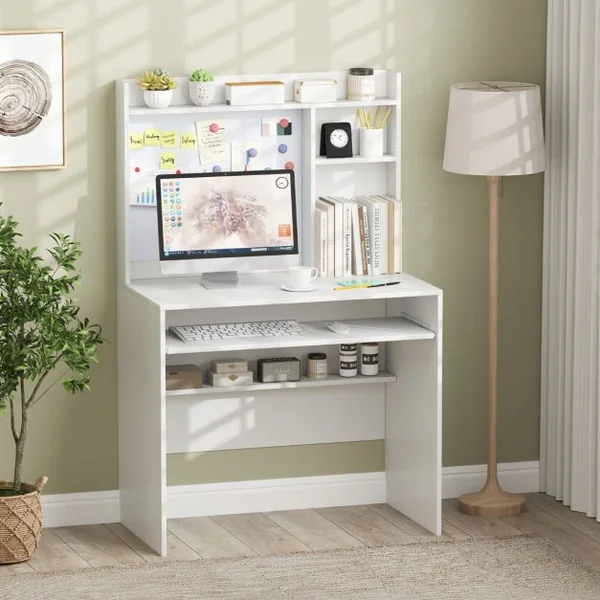 Bureau avec Tableau d'Affichage Magnétique Bureau à Domicile avec Huche et Plateau pour Clavier Table d'Ecriture avec Etagère Réglable Blanc