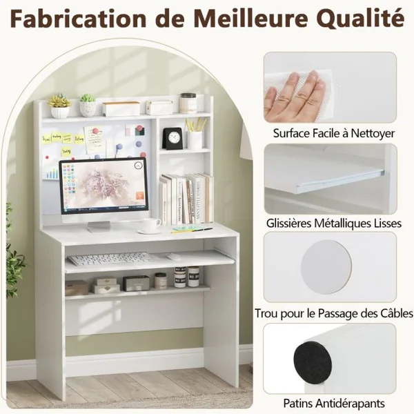 Bureau avec Tableau d'Affichage Magnétique Bureau à Domicile avec Huche et Plateau pour Clavier Table d'Ecriture avec Etagère Réglable Blanc