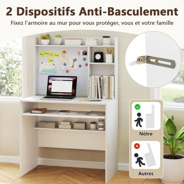 Bureau avec Tableau d'Affichage Magnétique Bureau à Domicile avec Huche et Plateau pour Clavier Table d'Ecriture avec Etagère Réglable Blanc