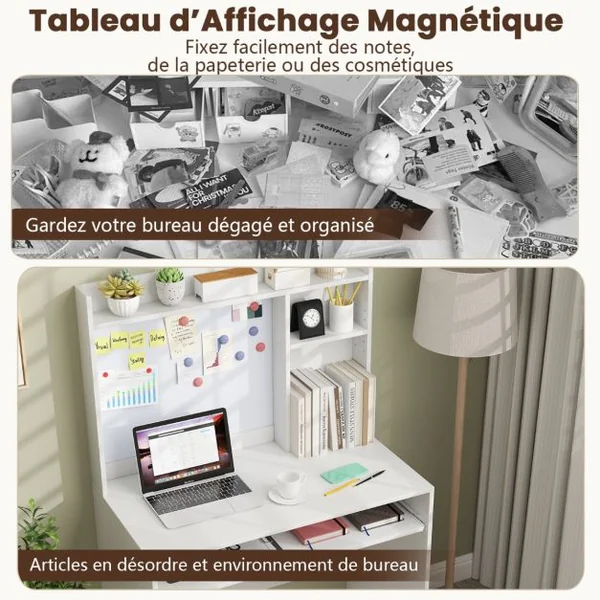 Bureau avec Tableau d'Affichage Magnétique Bureau à Domicile avec Huche et Plateau pour Clavier Table d'Ecriture avec Etagère Réglable Blanc