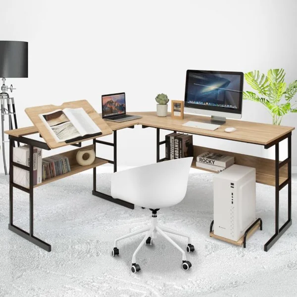 Bureau d'Angle en forme de L Ajustable à Bureau Droit 2 Personnes avec Plateau Inclinable Support Centrale Marron/Café/Naturel