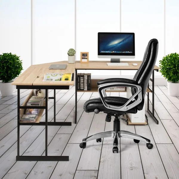 Bureau d'Angle en forme de L Ajustable à Bureau Droit 2 Personnes avec Plateau Inclinable Support Centrale Marron/Café/Naturel