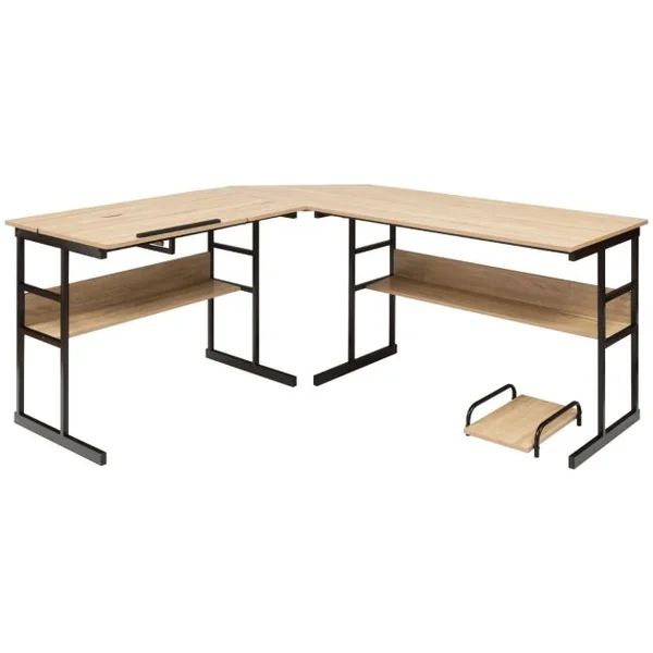 Bureau d'Angle en forme de L Ajustable à Bureau Droit 2 Personnes avec Plateau Inclinable Support Centrale Marron/Café/Naturel