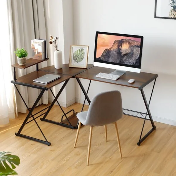 Bureau d'Angle en Forme L Détachable avec Support pour Moniteur 147x112x79CM Noyer