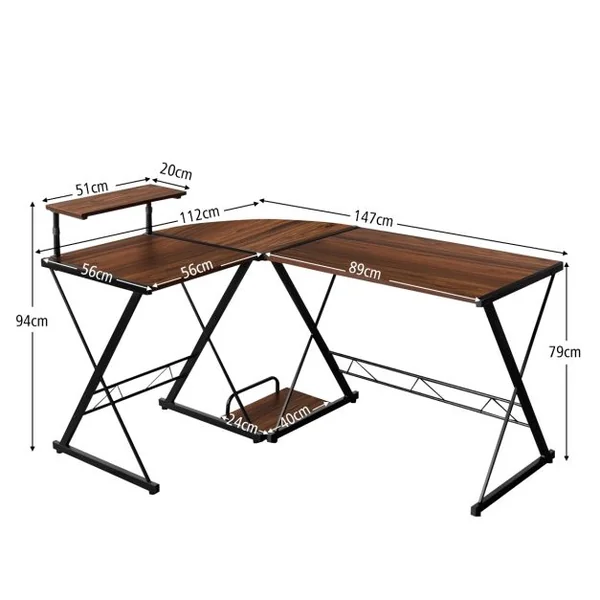 Bureau d'Angle en Forme L Détachable avec Support pour Moniteur 147x112x79CM Noyer