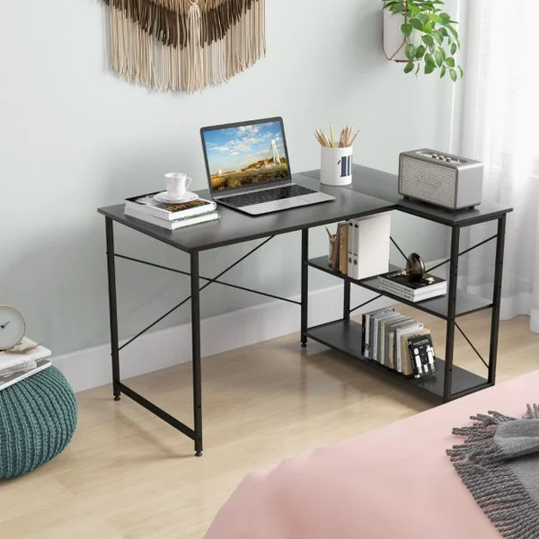 Bureau d'Angle en Forme L Réversible Poste de Travail avec Étagères de Rangement Assemblage Facile Peu Encombrant pour Maison Bureaux 120 x 88 x 74,5 cm Gris