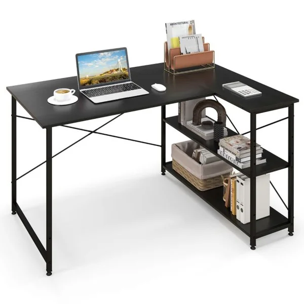 Bureau d'Angle en Forme L Réversible Poste de Travail avec Étagères de Rangement Assemblage Facile Peu Encombrant pour Maison Bureaux 120 x 88 x 74,5 cm Gris