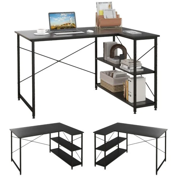 Bureau d'Angle en Forme L Réversible Poste de Travail avec Étagères de Rangement Assemblage Facile Peu Encombrant pour Maison Bureaux 120 x 88 x 74,5 cm Gris