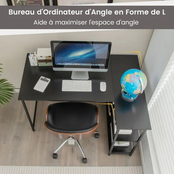 Bureau d'Angle en Forme L Réversible Poste de Travail avec Étagères de Rangement Assemblage Facile Peu Encombrant pour Maison Bureaux 120 x 88 x 74,5 cm Gris