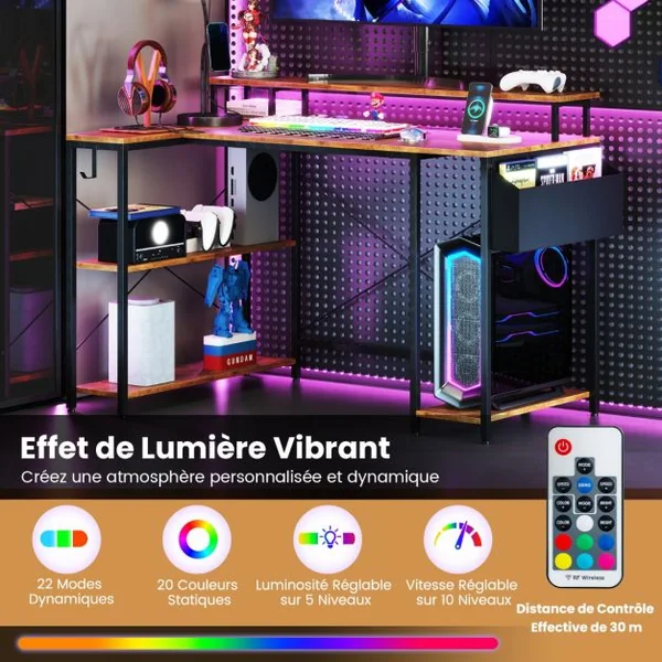 Bureau de Jeu d’Angle 120 cm avec Lumières LED et Prises de Courant Etagères de Rangement et Support d’Ecran Marron Rustique/Noir