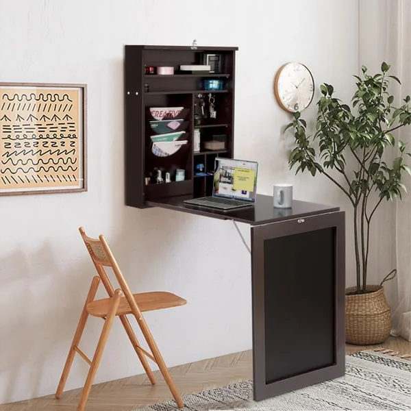 Bureau Mural Rabattable Table Murale Pliable avec Compartiments Intégrés et Plateau Inscriptible 60 x 15 x 76 cm Marron