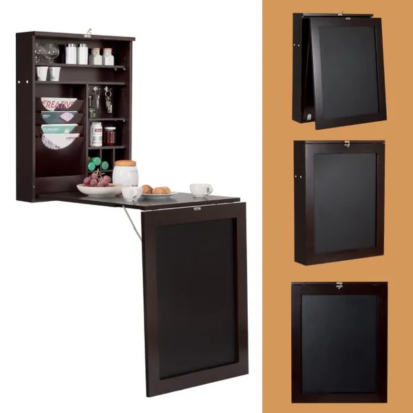 Bureau Mural Rabattable Table Murale Pliable avec Compartiments Intégrés et Plateau Inscriptible 60 x 15 x 76 cm Marron