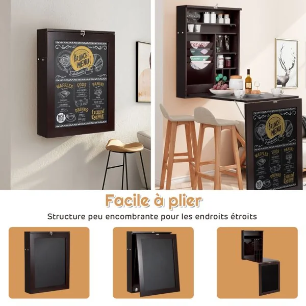 Bureau Mural Rabattable Table Murale Pliable avec Compartiments Intégrés et Plateau Inscriptible 60 x 15 x 76 cm Marron