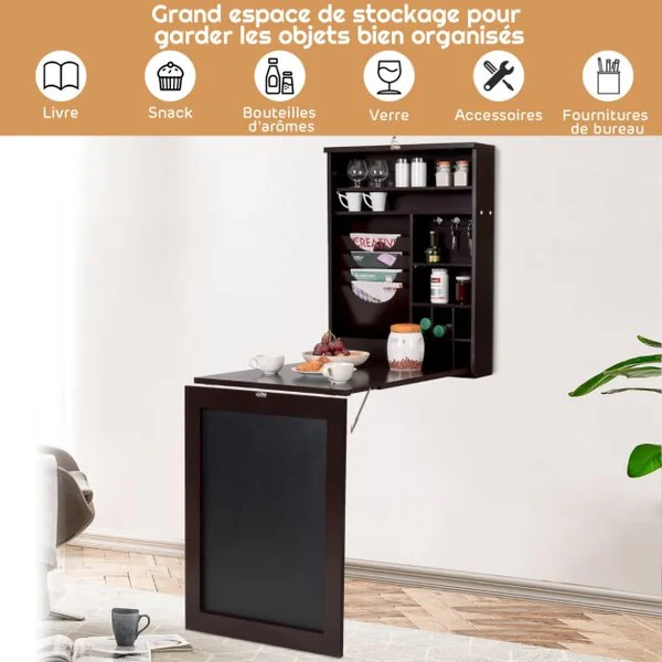 Bureau Mural Rabattable Table Murale Pliable avec Compartiments Intégrés et Plateau Inscriptible 60 x 15 x 76 cm Marron
