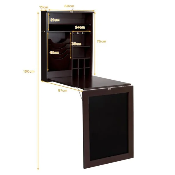 Bureau Mural Rabattable Table Murale Pliable avec Compartiments Intégrés et Plateau Inscriptible 60 x 15 x 76 cm Marron