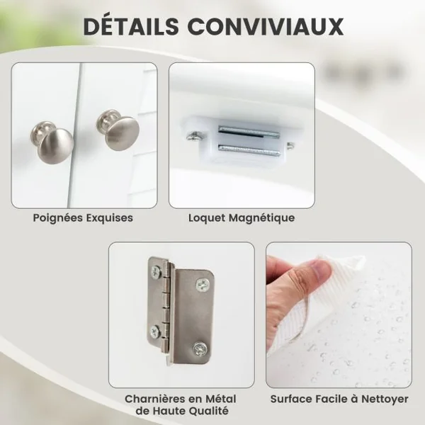 Cabinet Sous Évier Meuble de Salle de Bain Indépendant avec 2 Portes à Persiennes Étagère et Découpe en U Organisateur de Lavabo Blanc