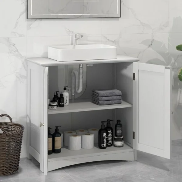Cabinet Sous Évier Meuble de Salle de Bain Indépendant avec 2 Portes Étagère et Découpe en U Organisateur de Lavabo Blanc