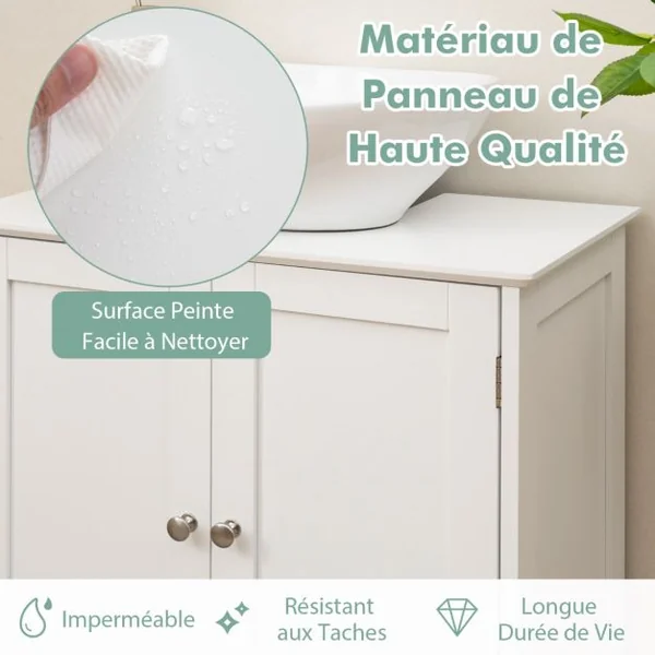 Cabinet Sous Évier Meuble de Salle de Bain Indépendant avec 2 Portes Étagère et Découpe en U Organisateur de Lavabo Blanc