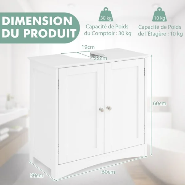 Cabinet Sous Évier Meuble de Salle de Bain Indépendant avec 2 Portes Étagère et Découpe en U Organisateur de Lavabo Blanc