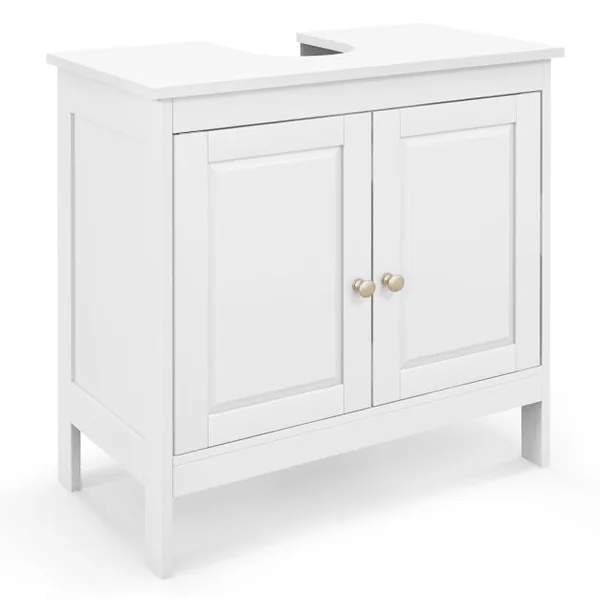 Cabinet Sous Évier Meuble Indépendant avec 2 Portes Étagère Réglable en 3 Positions et Découpe en U Organisateur de Lavabo Blanc