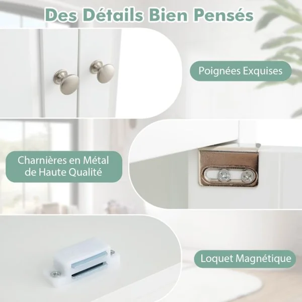 Cabinet Sous Évier Meuble Indépendant avec 2 Portes Étagère Réglable en 3 Positions et Découpe en U Organisateur de Lavabo Blanc