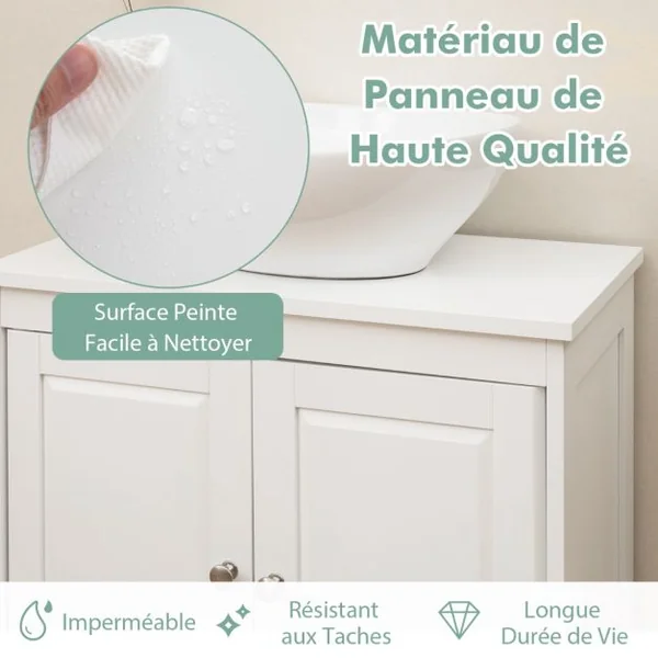 Cabinet Sous Évier Meuble Indépendant avec 2 Portes Étagère Réglable en 3 Positions et Découpe en U Organisateur de Lavabo Blanc